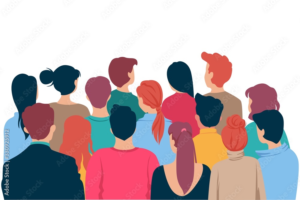 Back view colored head of cartoon people crowd theater watching isolated on white background. Viewers characters man and woman looking at show entertainment presentation vector graphic illustration - obrazy, fototapety, plakaty 