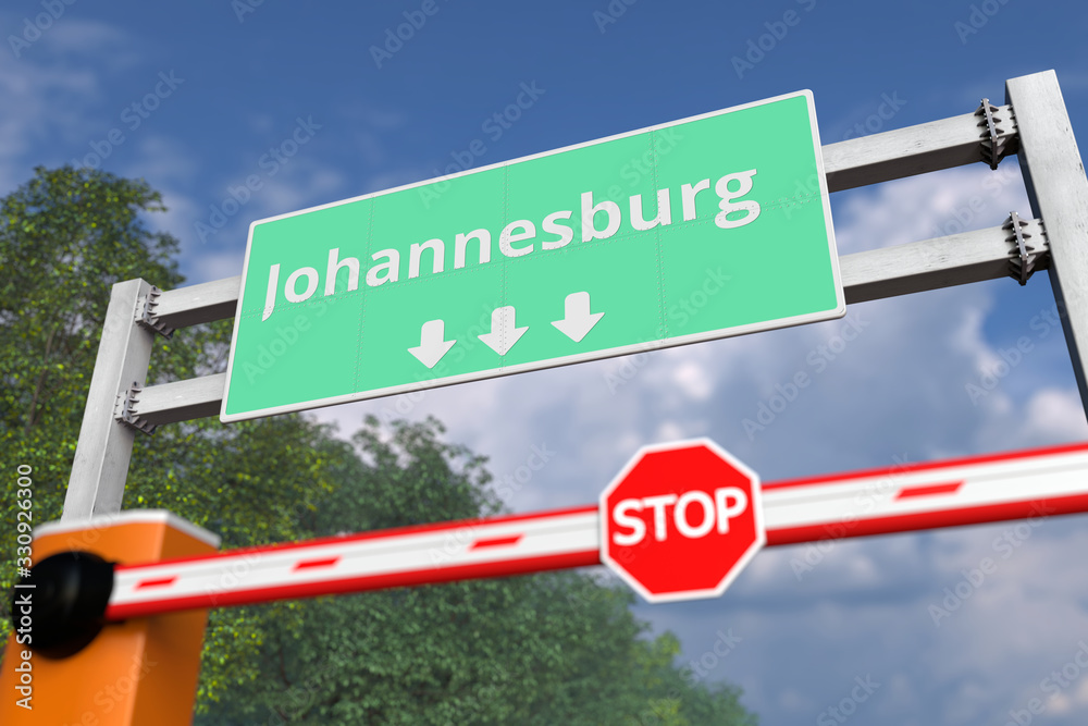 Naklejka premium Closed barrier with STOP sign at Johannesburg, South africa road sign. Coronavirus or some other disease quarantine related 3D rendering