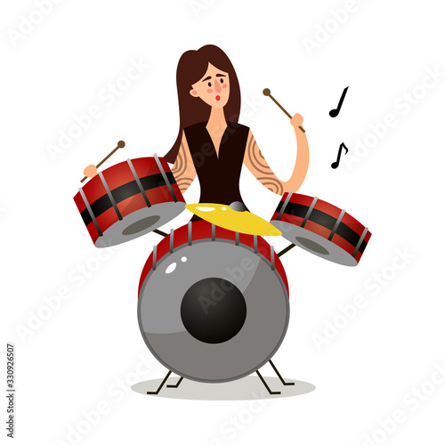 Young woman musician sitting and playing drums vector illustration
