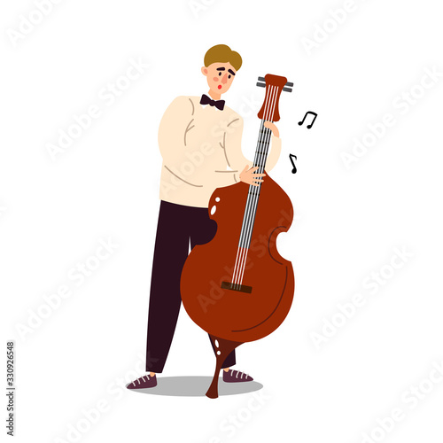 Man musician in costume and bow-tie playing cello vector illustration
