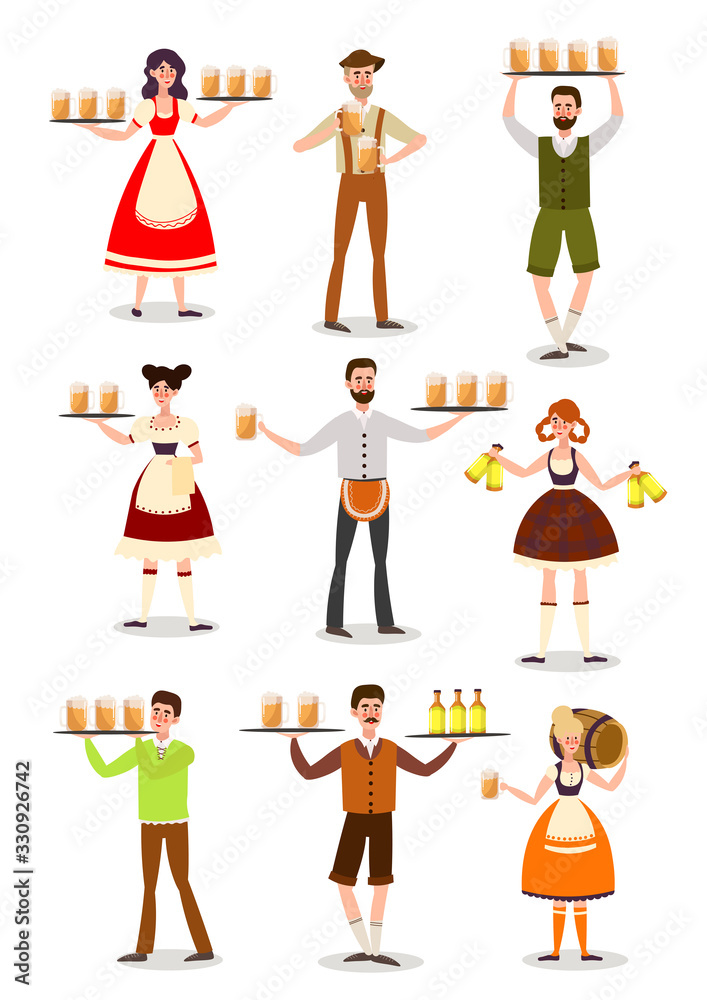 Waiters in special german uniform serving beer vector illustration