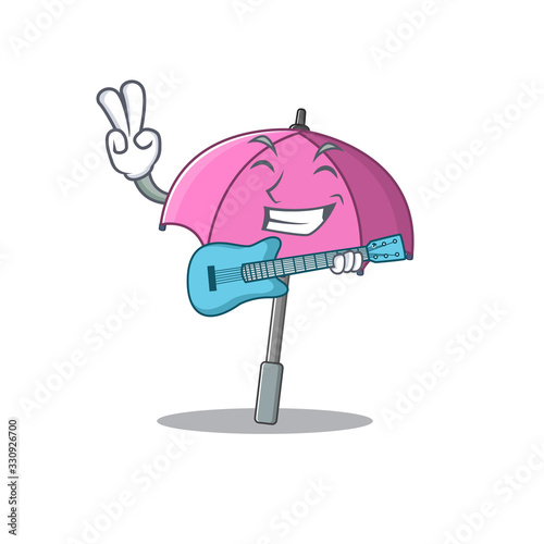 Supper cool pink umbrella cartoon playing a guitar