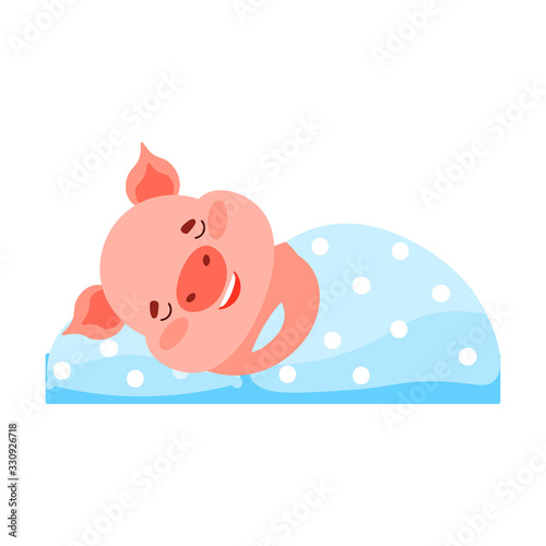 Happy pig lying in bed and sleeping vector illustration