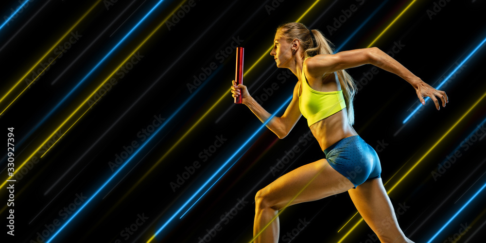 Creative sport and neon lines on dark background, flyer, proposal. Female runner player training in action and motion. Concept of hobby, healthy lifestyle, youth, action, movement, modern style.