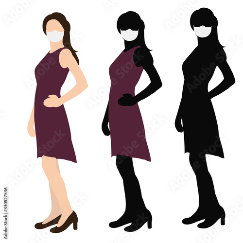 isolated, silhouette in a medical mask, girl, woman, flat style