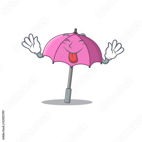 Funny face pink umbrella mascot design style with tongue out