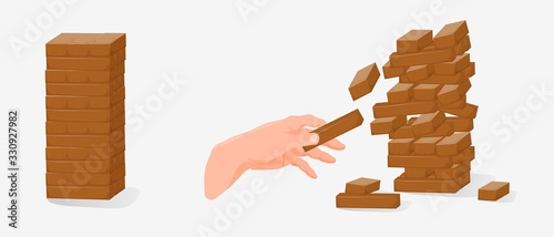 Cartoon human hand holding block game wood isolated on white background. Colored arm pull brick out of crumbling stack playing table game vector graphic illustration