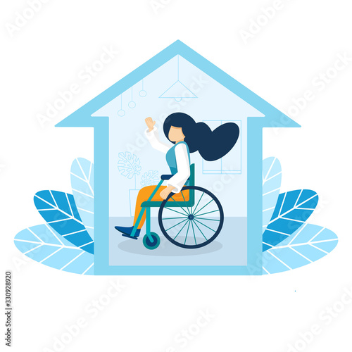 Young adult woman in a wheelchair is sitting in a home with interior. Locked, isolated alone in the apartment, waiting for help. Vector illustration in flat modern art style.