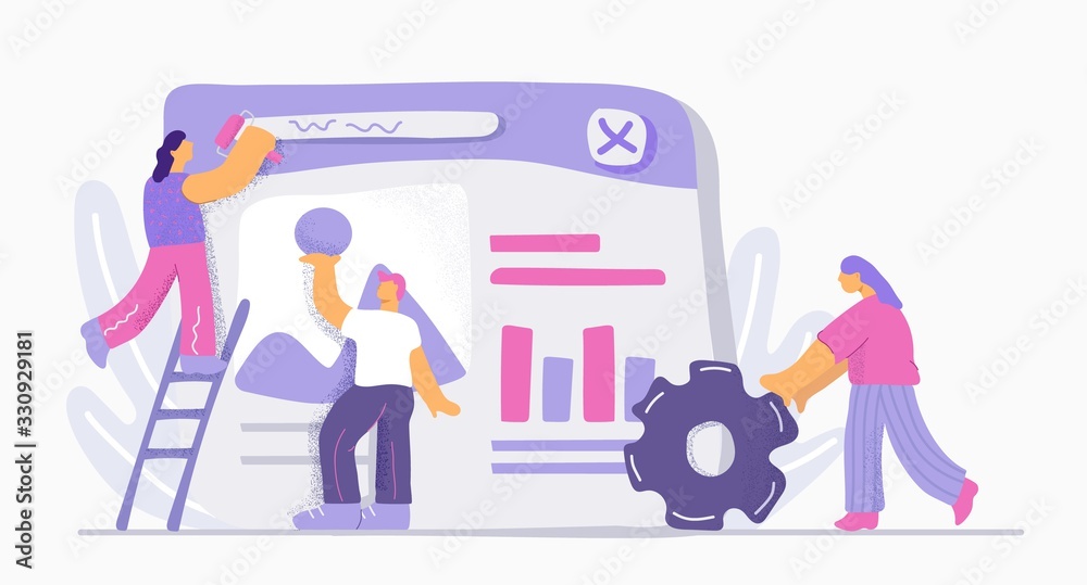Cartoon doodle people working together site development isolated on white background. Colorful man and woman building app and web design vector flat illustration. Process of teamwork website creating