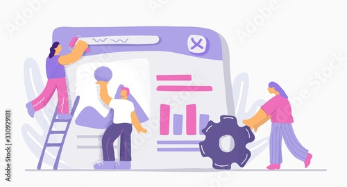 Cartoon doodle people working together site development isolated on white background. Colorful man and woman building app and web design vector flat illustration. Process of teamwork website creating