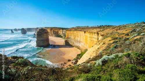 12 apostles on the great ocean road under clear blue sky in Victoria, Australia 