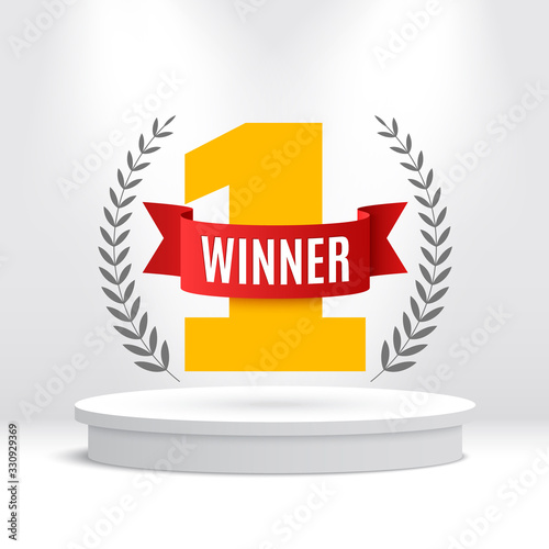 White round podium. First place. Pedestal. Red ribbon. Laurel wreath. Vector illustration.