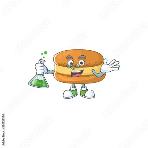 Chocolate macarons brainy Professor Cartoon design grasp a glass tube