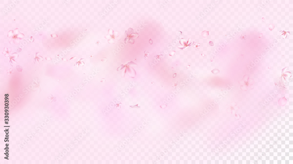 Nice Sakura Blossom Isolated Vector. Spring Flying 3d Petals Wedding Border. Japanese Oriental Flowers Illustration. Valentine, Mother's Day Magic Nice Sakura Blossom Isolated on Rose