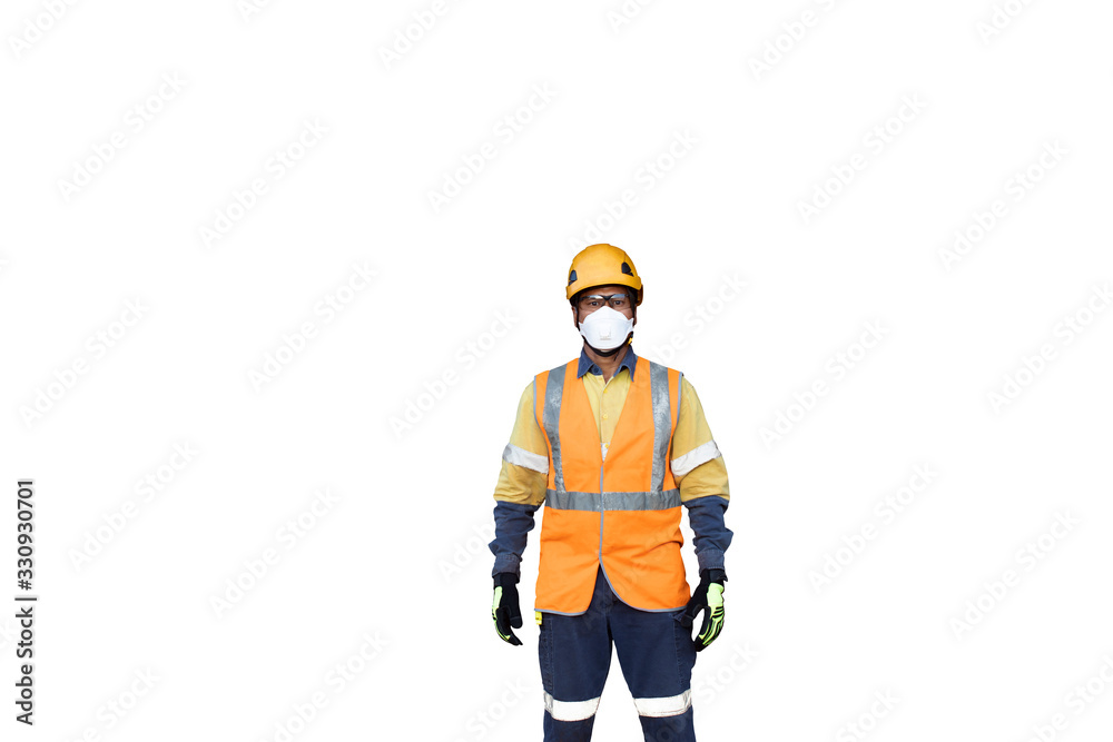 Safety work practices construction worker dressing safety standard uniform hard hat long sleeve visible shirt glove long pant glass and dust mask protection with isolated white background   