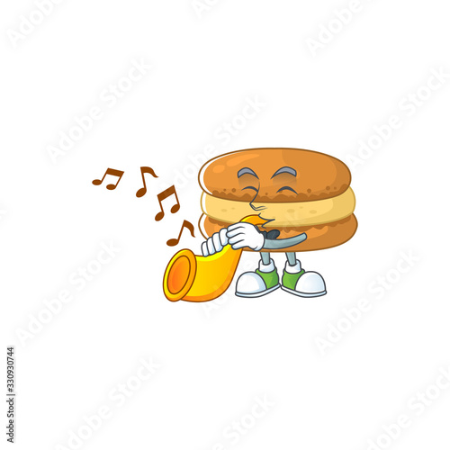 Chocolate macarons cartoon character playing music with a trumpet
