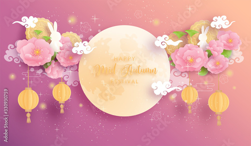 Happy Mid Autumn festival with beautiful lotus and bunny, full moon. Paper cut vector illustration.