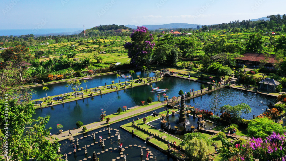 Aerial view of Tirtagangga Water Palace, ancient royal pleasure garden, East Bali.