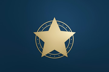 Blank star logo or emblem badge in luxury design with golden color on dark blue background. 3D rendering.