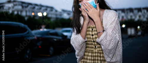 Coronavirus covid-19 concept, Unhealthy Asian woman sneezing and cough with protective face mask, ill, sick, from virus and air pollution PM2.5