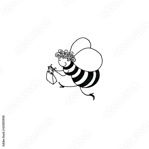 Funny bee. Cartoon character. Vector illustration. Black and white drawing