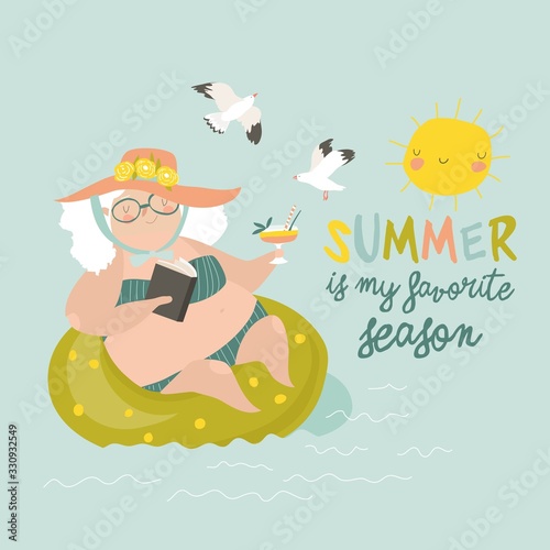 Old lady swimming in a pool with a cocktail