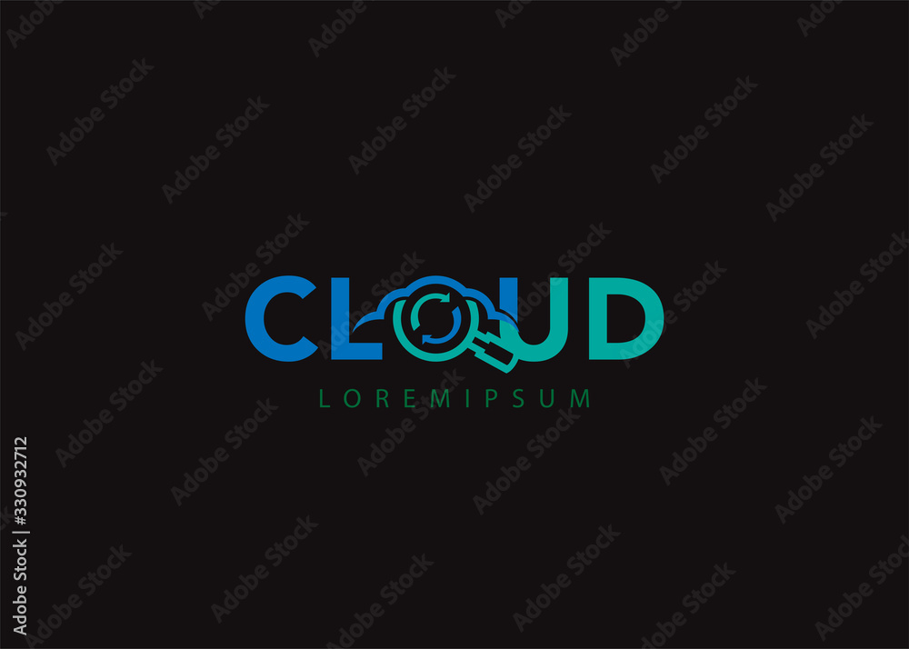 clouds and magnifying glass, search and research vector logo icon line art template