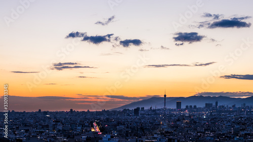 Tehran skyline at the sunset with Milad tower in the frame  colorful photo of Tehran-Iran cityscape
