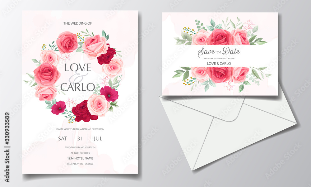 Obraz premium Beautiful wedding invitation card template set with floral frame