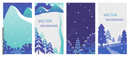 Set of vertical backgrounds with winter landscapes. Concept of Christmas, New year. Social media backgrounds, stories, banners, posters, cover design templates with space for text. Vector illustration