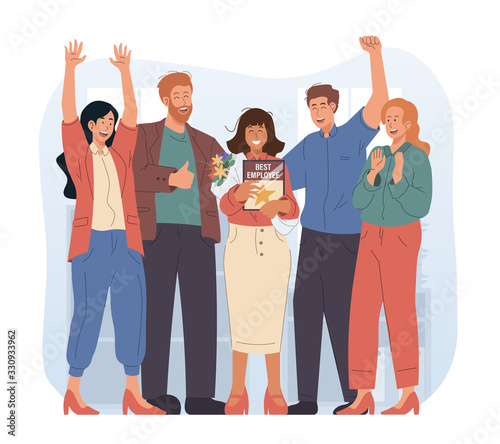 Employee of the month. Office workers clapping hands and congratulating best employee