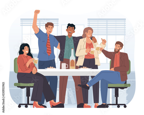 Business team drinking champagne at office party. Business people celebrate successful work