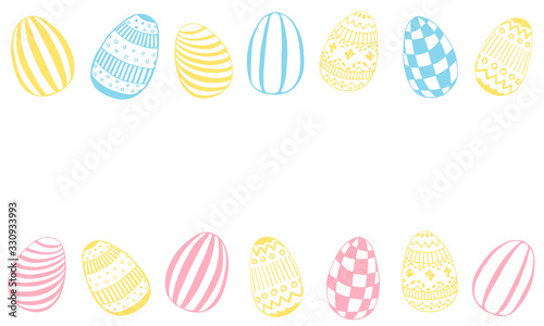 Easter egg icons collection in doodle style - horisontal banner with place for text. Ornamented endless bordure background. Hand drawn vector illustration.