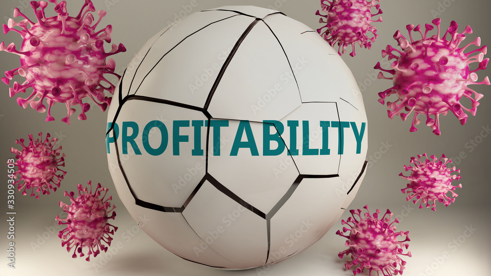 Fototapeta premium Covid-19 and profitability, symbolized by viruses destroying word profitability to picture that coronavirus pandemic affects profitability in a very negative way, 3d illustration