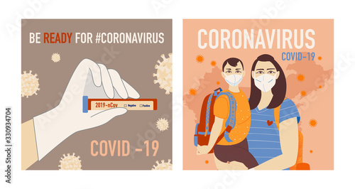 Set of Coronavirus COVID-19 outbreak concept. Coronavirus in World. Novel coronavirus (2019-nCoV), woman and your child in white medical face mask. Be ready for coronavirus.