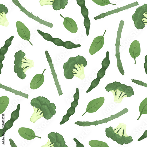Flat seamless pattern with broccoli, green beans, asparagus, peas, spinach. Healthy food, vegetarianism.