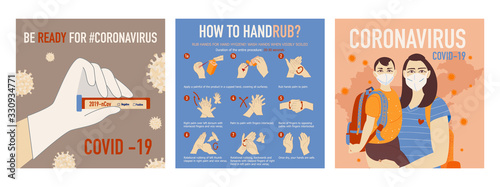 Set of Coronavirus COVID-19 outbreak concept. Infographic with details about coronavirus with illustrated how to handrub. Novel coronavirus (2019-nCoV), woman and your child in white medical face mask