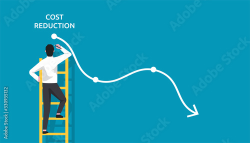 Costs reduction, costs cut, costs optimization business concept. Businessman draw simple graph with descending curve. vector illustrationWeb
