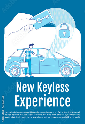 New keyless experience poster flat silhouette vector template. Car keycard lock. Brochure, booklet one page concept design with cartoon characters. Electronic door key flyer, leaflet with text space