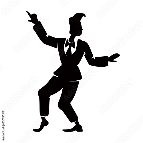 Stylish boogie woogie male dancer black silhouette vector illustration. Person in rock n roll pose. Rockabilly style guy on dance floor 2d cartoon character shape for commercial, animation, printing