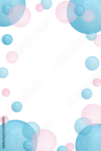 frame background with watercolor bubbles, frame card design illustration with pink blue circles and copy space, card template design for anniversary, party, wedding, joyful bubble decoration 