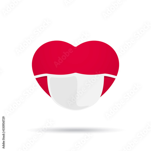 Red heart with medical mask vector illustration isolated on white background