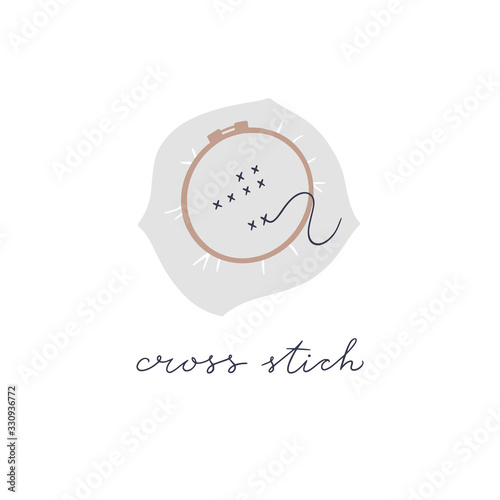 Vector card with round embroidery hoop frame on white background. Sewing equipment hand drawn illustration and lettering