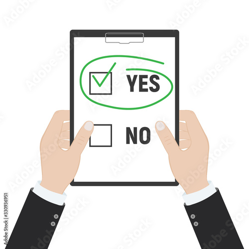 Yes no checked with green marker line, yes selected with red tick and circled, concept of motivation, voting, test, positive answer, poll.
