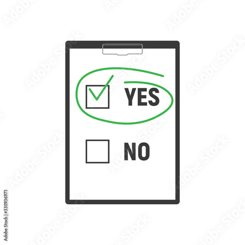 Yes no checked with green marker line, yes selected with red tick and circled, concept of motivation, voting, test, positive answer, poll.