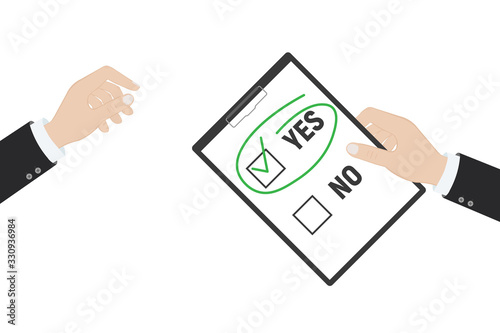 Yes no checked with green marker line, yes selected with red tick and circled, concept of motivation, voting, test, positive answer, poll.