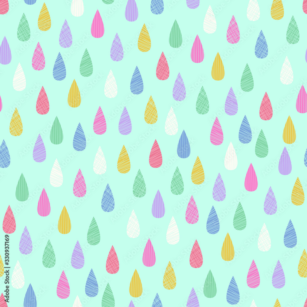 Naklejka Rainbow raindrops seamless repeat vector pattern. Great for children's products, parties, bedding, clothing, stationery, sleepwear