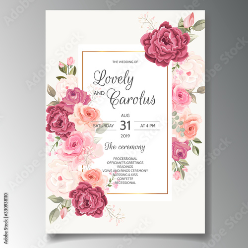 Beautiful wedding invitation card template set with floral frame