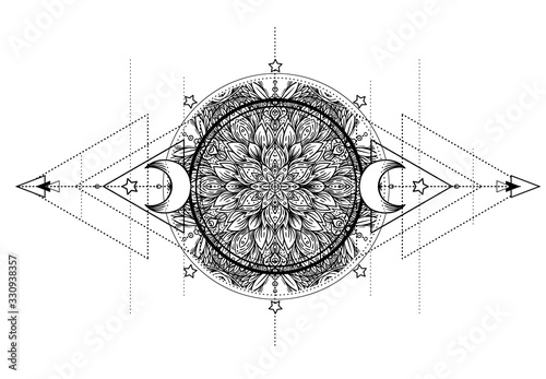Lotus, Eye, Sacred Geometry. Ayurveda symbol of harmony and balance, and universe. Tattoo flesh design, yoga logo. Boho print, poster, t-shirt textile. Anti stress book. Isolated vector illustration..