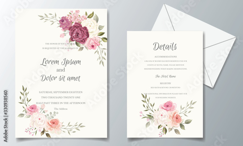 Fototapeta Beautiful wedding invitation card template set with floral frame